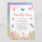 蝶のキスとベビーウィッシュ女の子ベビーシャワー 招待状 (正面/裏面)