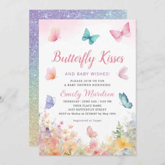 蝶のキスとベビーウィッシュ女の子ベビーシャワー 招待状 (正面/裏面)