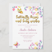 蝶のキスとベビーウィッシュ金ゴールド赤ちゃんシャワー 招待状 (正面)