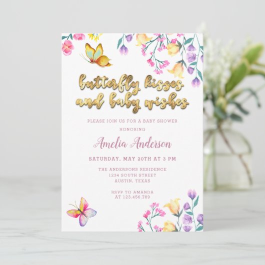 蝶のキスとベビーウィッシュ金ゴールド赤ちゃんシャワー 招待状 (スタンド正面)