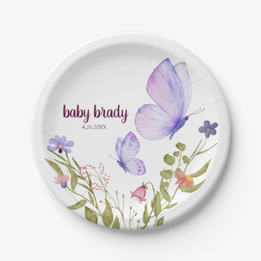 蝶のキスとベビーウィッシュ | 紫のパーティー ペーパープレート (正面)