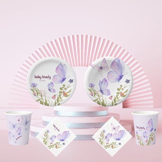 蝶のキスとベビーウィッシュ | 紫のパーティー ペーパープレート