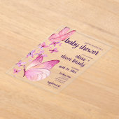 蝶のキスとベビーウィッシュ | 赤ちゃんシャワーピンク アクリル招待状 (レイダウン)