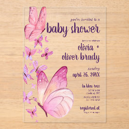 蝶のキスとベビーウィッシュ | 赤ちゃんシャワーピンク アクリル招待状