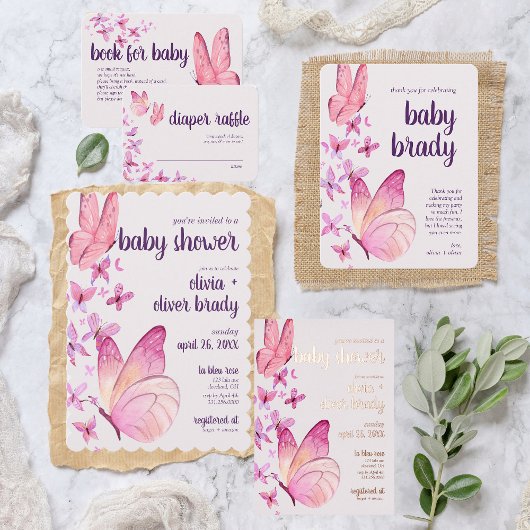 蝶のキスとベビーウィッシュ | 赤ちゃんシャワーピンク 箔招待状