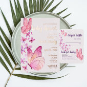 蝶のキスとベビーウィッシュ | 赤ちゃんシャワーピンク 箔招待状