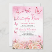 蝶のキスとベビー希望ピンクの赤ちゃんシャワー 招待状 (正面)