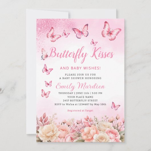 蝶のキスとベビー希望ピンクの赤ちゃんシャワー 招待状 (正面)