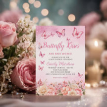 蝶のキスとベビー希望ピンクの赤ちゃんシャワー