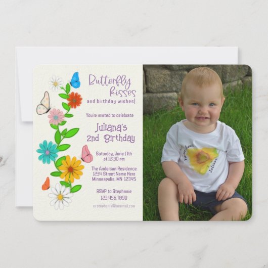 蝶のキスと誕生日の願い写真誕生日 招待状 (正面)