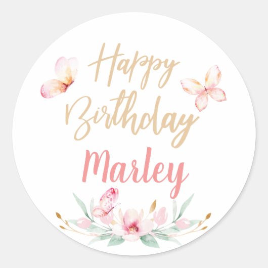 蝶のキスと誕生日の願い、任意の年齢パーティー ラウンドシール (正面)