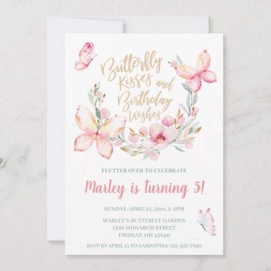 蝶のキスと誕生日の願い、任意の年齢パーティー 招待状 (正面)
