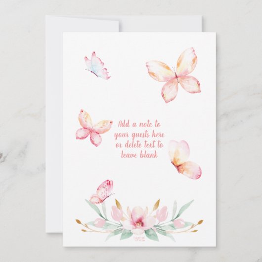 蝶のキスと誕生日の願い、任意の年齢パーティー 招待状 (裏面)