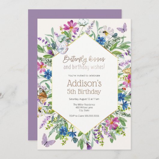 蝶のキスと誕生日ウィッシュ誕生日 招待状 (正面/裏面)
