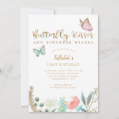 蝶のキスと誕生日ウィッシュ金ゴールドフローラ 招待状 (正面)
