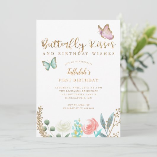 蝶のキスと誕生日ウィッシュ金ゴールドフローラ 招待状 (スタンド正面)