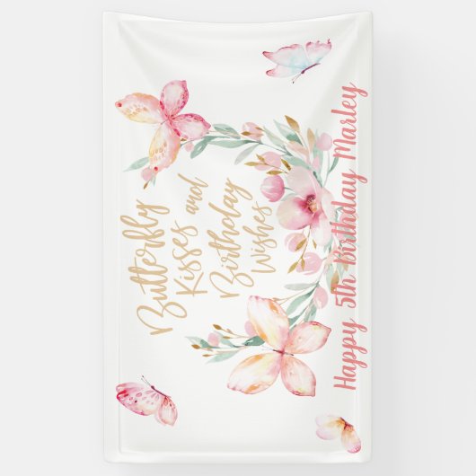 蝶のキスと誕生日ウィッシュ、ハッピーバースデー 横断幕 (縦)