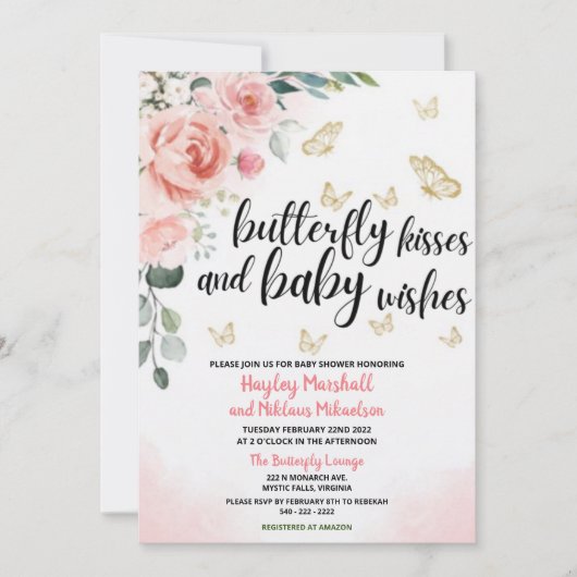蝶のキスと赤ちゃんの願いを込めたベビーシャワー 招待状 (正面)
