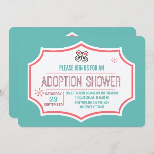蝶のキスと養子縁組を希望する採用シャワー 招待状 (正面/裏面)
