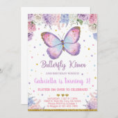 蝶のキスの誕生日を願う女の子の招待状。 招待状 (正面/裏面)