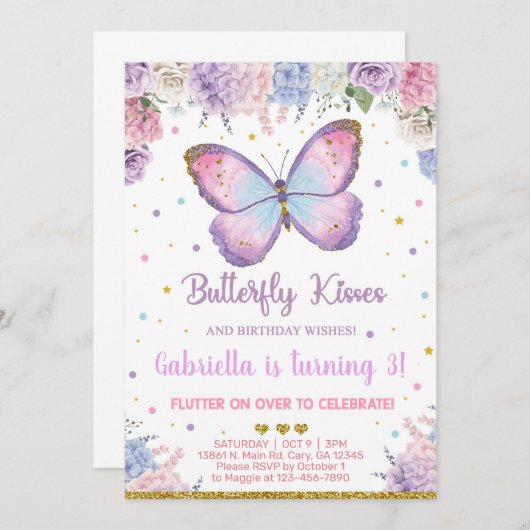 蝶のキスの誕生日を願う女の子の招待状。 招待状 (正面/裏面)