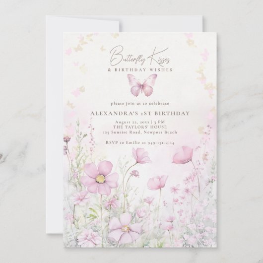 蝶のキスはワイルドフラワーを願う1st誕生日 招待状 (正面)