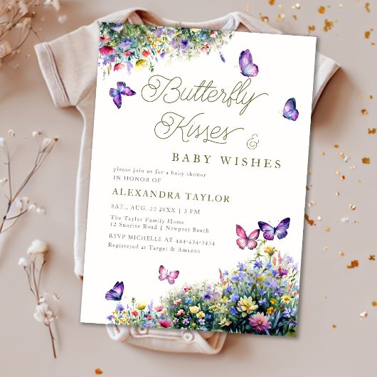 蝶のキスはワイルドフラワーベイビーシャワーを願う 招待状