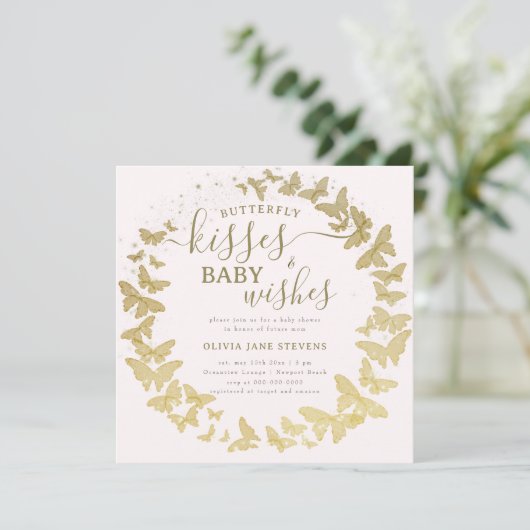 蝶のキスは金ゴールドピンクの女の子の赤ちゃんシャワーを願う 招待状 (スタンド正面)