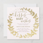 蝶のキスは金ゴールドピンクの女の子の赤ちゃんシャワーを願う 招待状 (正面)