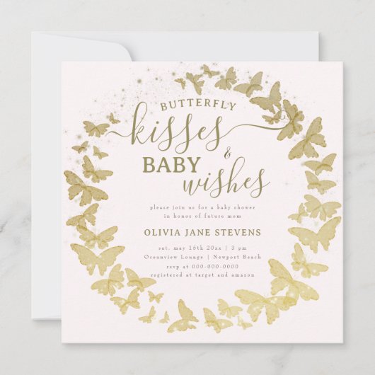 蝶のキスは金ゴールドピンクの女の子の赤ちゃんシャワーを願う 招待状 (正面)