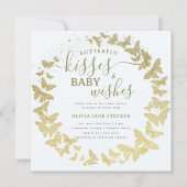 蝶のキスは金ゴールドブルーボーイベビーシャワーを願う 招待状 (正面)
