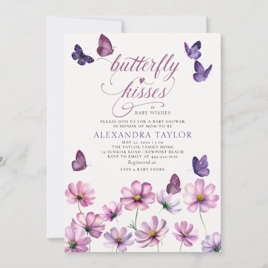 蝶のキスはMauveベビーガールシャワーを願う 招待状 (正面)