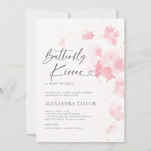 蝶のキスドリーム水の色ベビーガールシャワー 招待状 (正面)