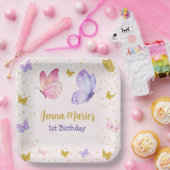 蝶のキスピンク&パープル1歳の誕生日 ペーパープレート (パーティー)