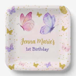 蝶のキスピンク&パープル1歳の誕生日 ペーパープレート