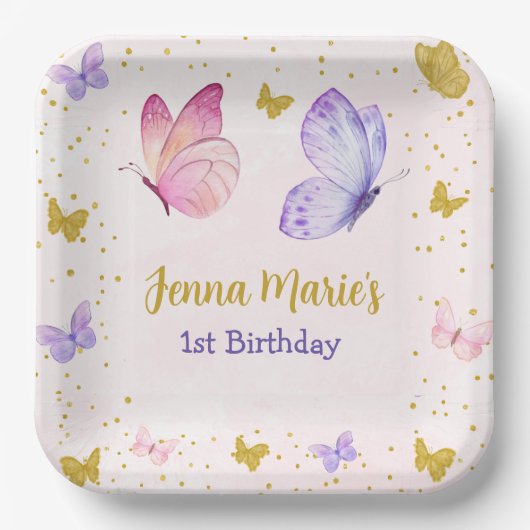 蝶のキスピンク&パープル1歳の誕生日 ペーパープレート (正面)