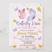 蝶のキスピンク&パープル1歳の誕生日 招待状 (正面)