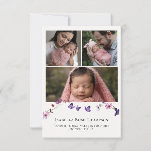 蝶のキスワイルドフラワーフォトベビーガールシャワー サンキューカード (正面)