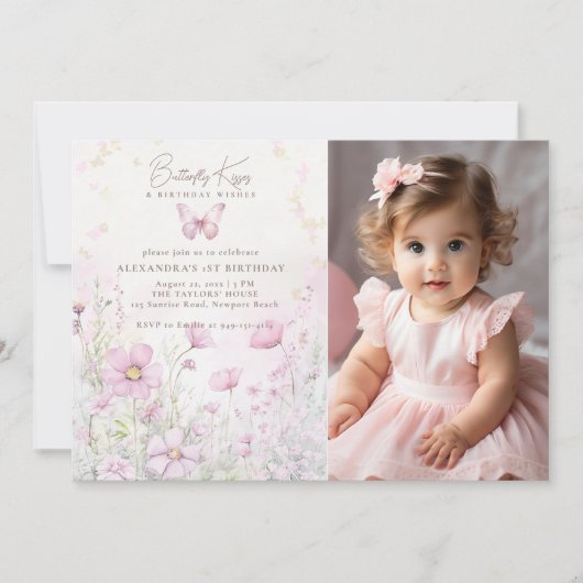 蝶のキスワイルドフラワーフォト1st誕生日 招待状 (正面)