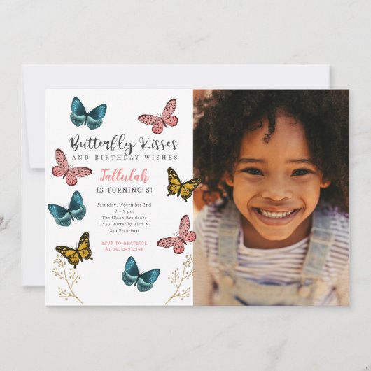 蝶のキス女の子の誕生日パーティーの写真 招待状 (正面)