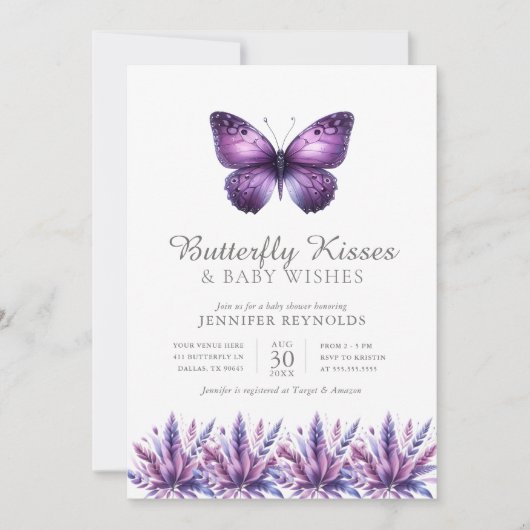 蝶のキス紫のフローラ女の子の赤ちゃんシャワー 招待状 (正面)