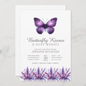 蝶のキス紫のフローラ女の子の赤ちゃんシャワー 招待状 (正面/裏面)