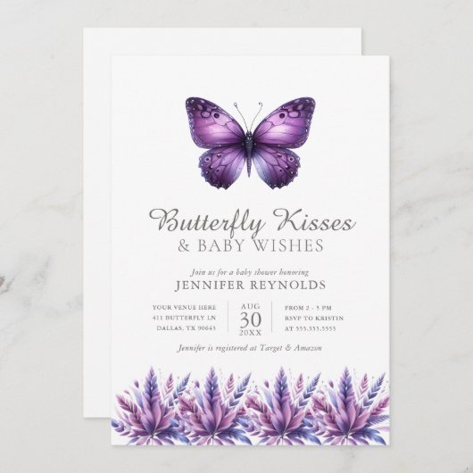 蝶のキス紫のフローラ女の子の赤ちゃんシャワー 招待状 (正面/裏面)