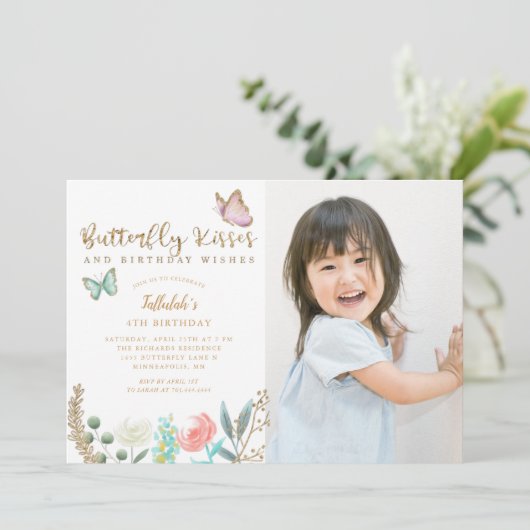 蝶のキス誕生日ウィッシュ写真パーティー 招待状 (スタンド正面)