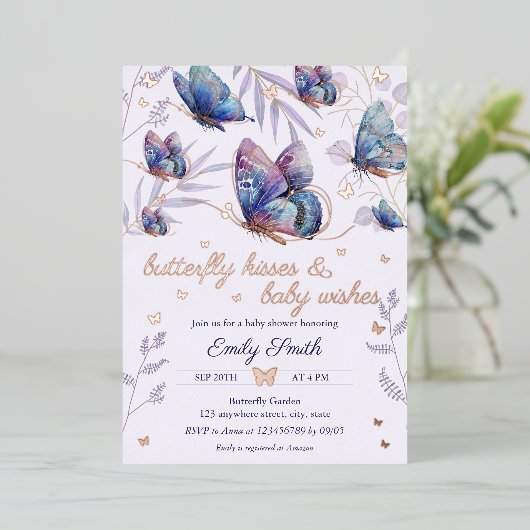 蝶のキス&ベビーウィズベビーシャワー 箔招待状 (立ち正面)