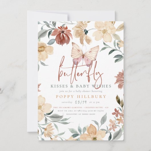 蝶のキス&ベビーウィッシュ赤ちゃんガールシャワー 招待状 (正面)