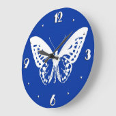 蝶のスケッチ、コバルトブルー、白 ラージ壁時計 (傾斜)