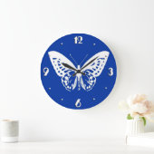 蝶のスケッチ、コバルトブルー、白 ラージ壁時計 (ホーム)