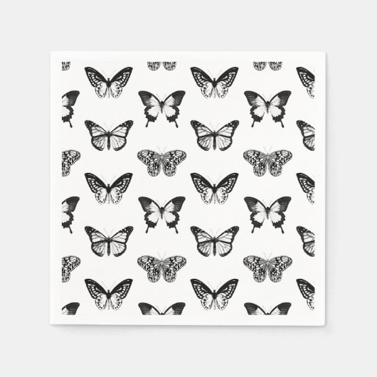 蝶のスケッチ、白黒 スタンダードカクテルナプキン (正面)