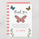 蝶のテーマの女の子の誕生日パーティー サンキューカード (正面/裏面)